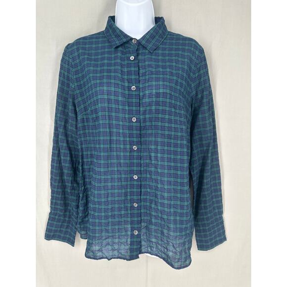 J. Crew Tops - J Crew Top Womens 10 Green Plaid Black Watch Crinkle Boy Shirt Button Academia